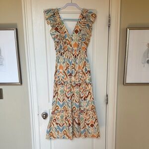 Elegant V-Neck Midi Dress with Ruffle Sleeves